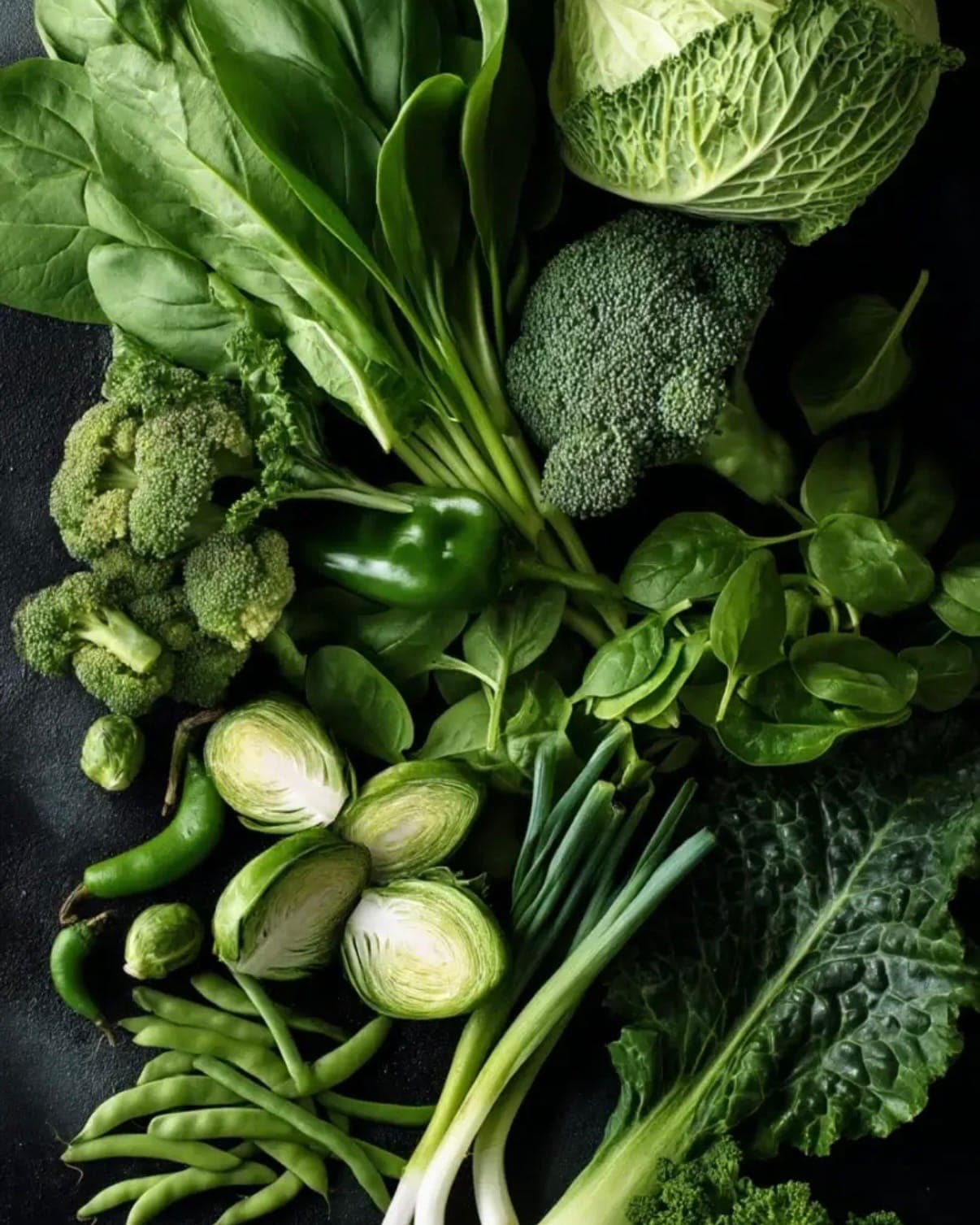 Overhead arrangement of leafy greens, broccoli, brussels sprouts, scallions, and peppers on a dark surface